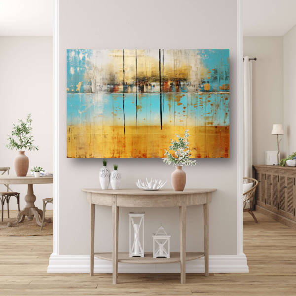 Blauw-geel landschap met horizontale lijnen canvas met baklijst