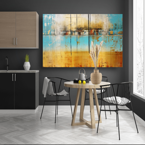 Blauw-geel landschap met horizontale lijnen canvas met baklijst