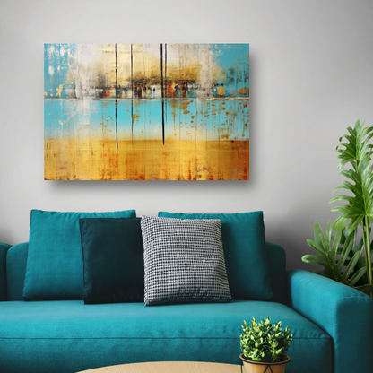 Blauw-geel landschap met horizontale lijnen canvas met baklijst