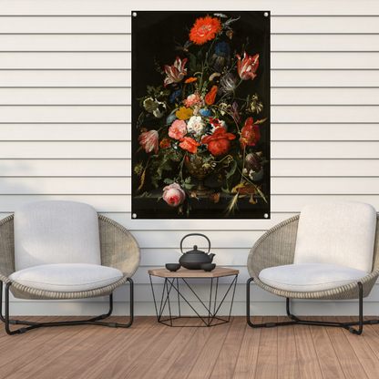 Bloemen in een metalen vaas - Abraham Mignon tuinposter