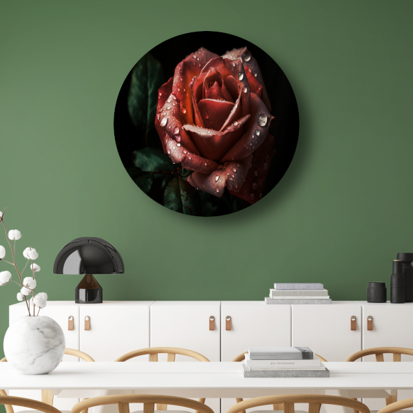 Roos met dauwdruppels in close-up aluminium muurcirkel