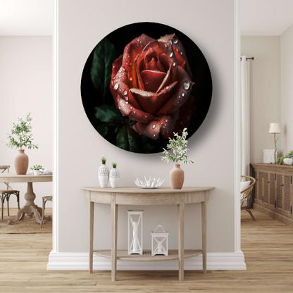 Roos met dauwdruppels in close-up aluminium muurcirkel