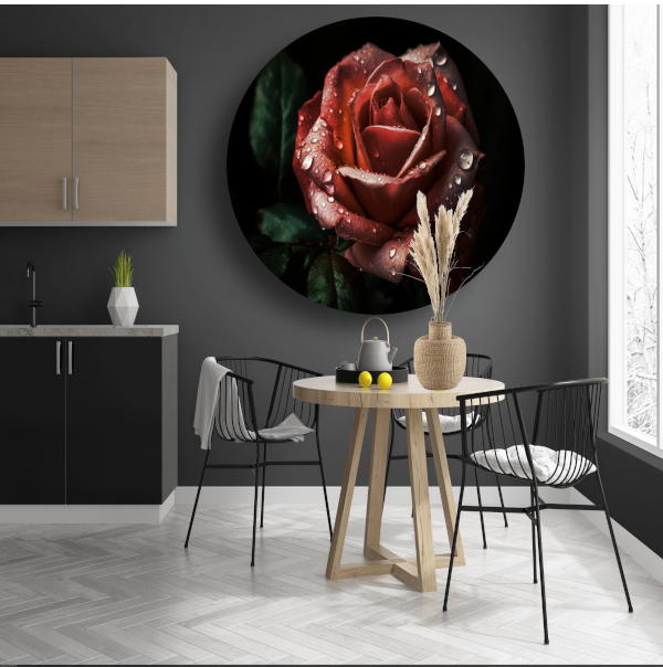 Roos met dauwdruppels in close-up aluminium muurcirkel