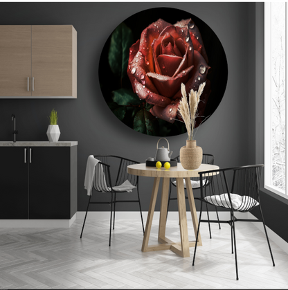 Roos met dauwdruppels in close-up aluminium muurcirkel