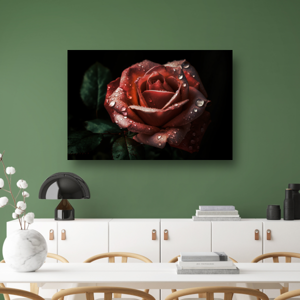 Roos met dauwdruppels in close-up canvas met baklijst