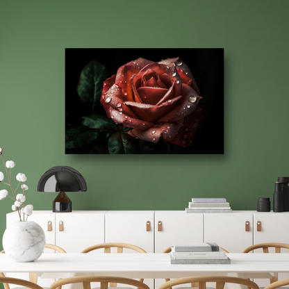 Roos met dauwdruppels in close-up canvas met baklijst