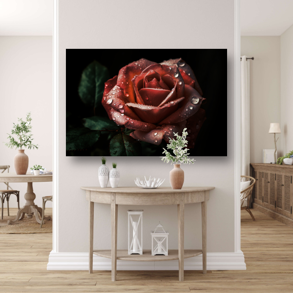 Roos met dauwdruppels in close-up canvas met baklijst