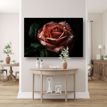 Roos met dauwdruppels in close-up canvas met baklijst