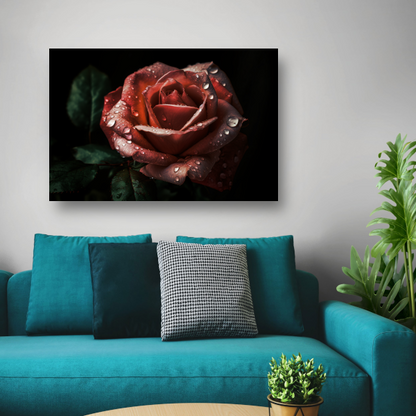 Roos met dauwdruppels in close-up canvas met baklijst
