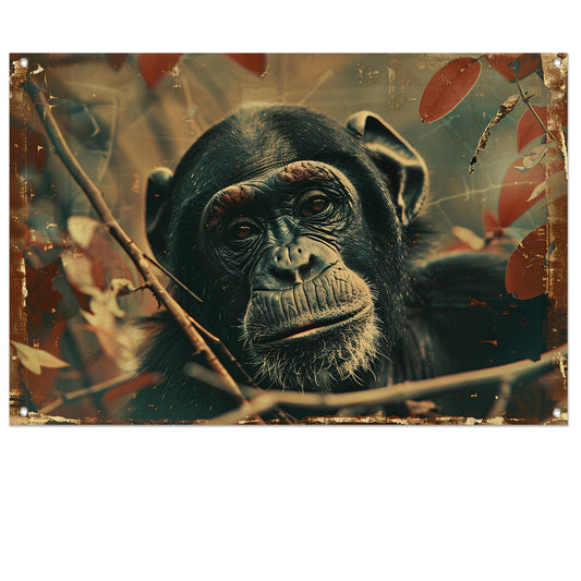 Serene Chimpansee in Sepia Jungle tuinposter