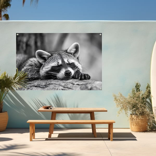Slapende wasbeer op boomstam tuinposter