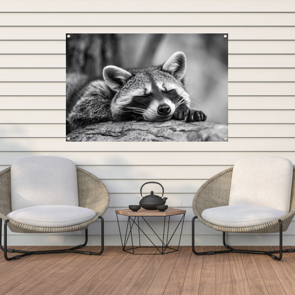Slapende wasbeer op boomstam tuinposter
