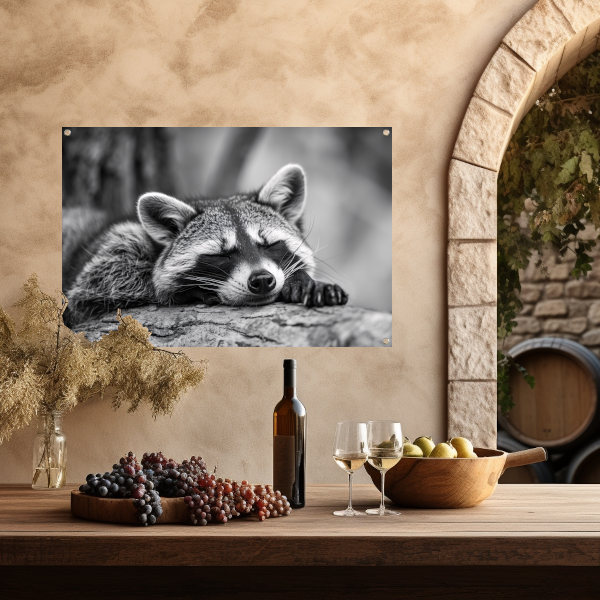 Slapende wasbeer op boomstam tuinposter