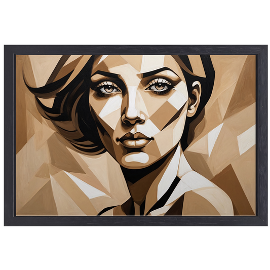 Geometrisch Portret van een Vrouw in Beige canvas met baklijst