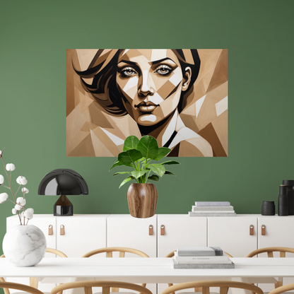 Geometrisch Portret van een Vrouw in Beige canvas met baklijst