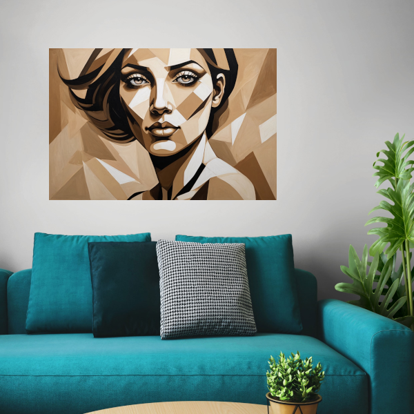 Geometrisch Portret van een Vrouw in Beige canvas met baklijst