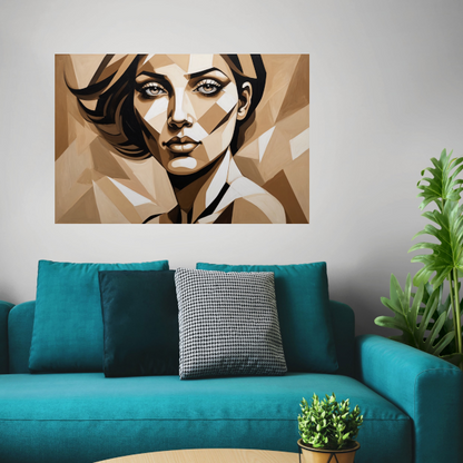 Geometrisch Portret van een Vrouw in Beige canvas met baklijst