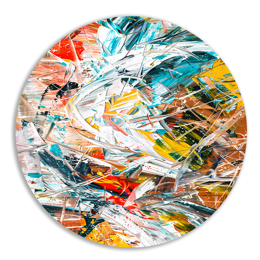 Dynamisch abstract schilderij met kleurrijke lijnen aluminium muurcirkel