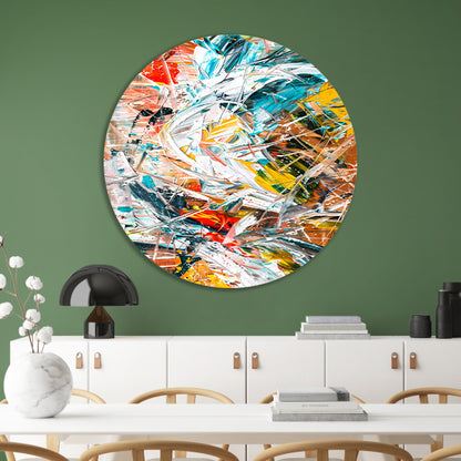 Dynamisch abstract schilderij met kleurrijke lijnen aluminium muurcirkel