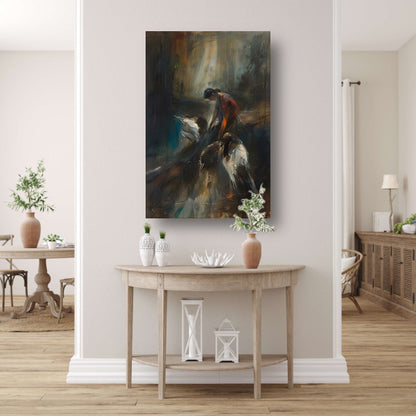 Abstracte voorstelling van vogels en mens canvas met baklijst