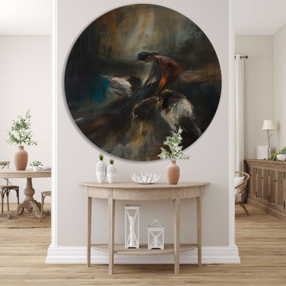 Abstracte voorstelling van vogels en mens aluminium muurcirkel