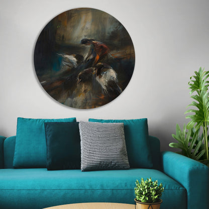Abstracte voorstelling van vogels en mens aluminium muurcirkel