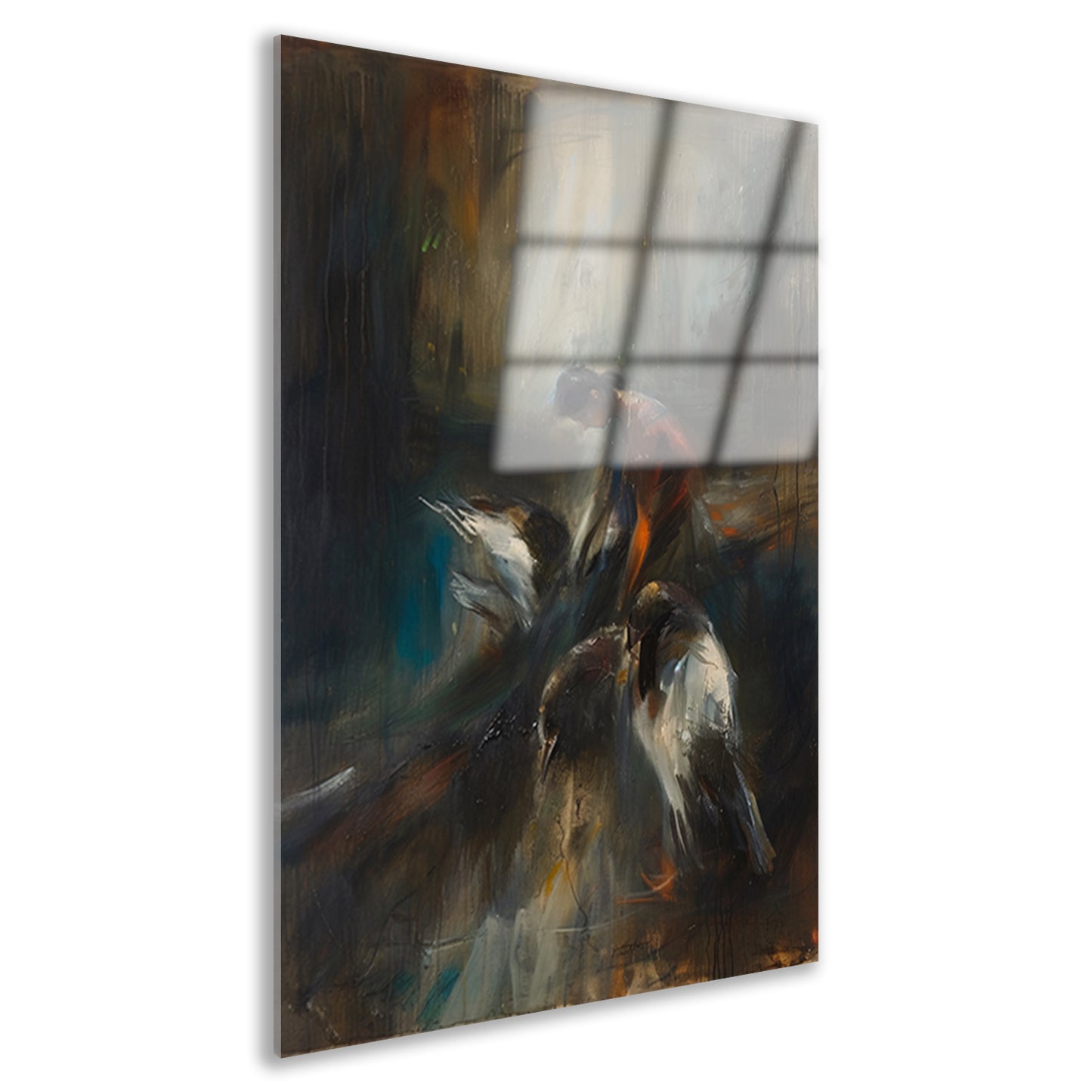 Abstracte voorstelling van vogels en mens acrylglas