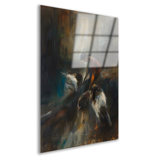 Abstracte voorstelling van vogels en mens acrylglas