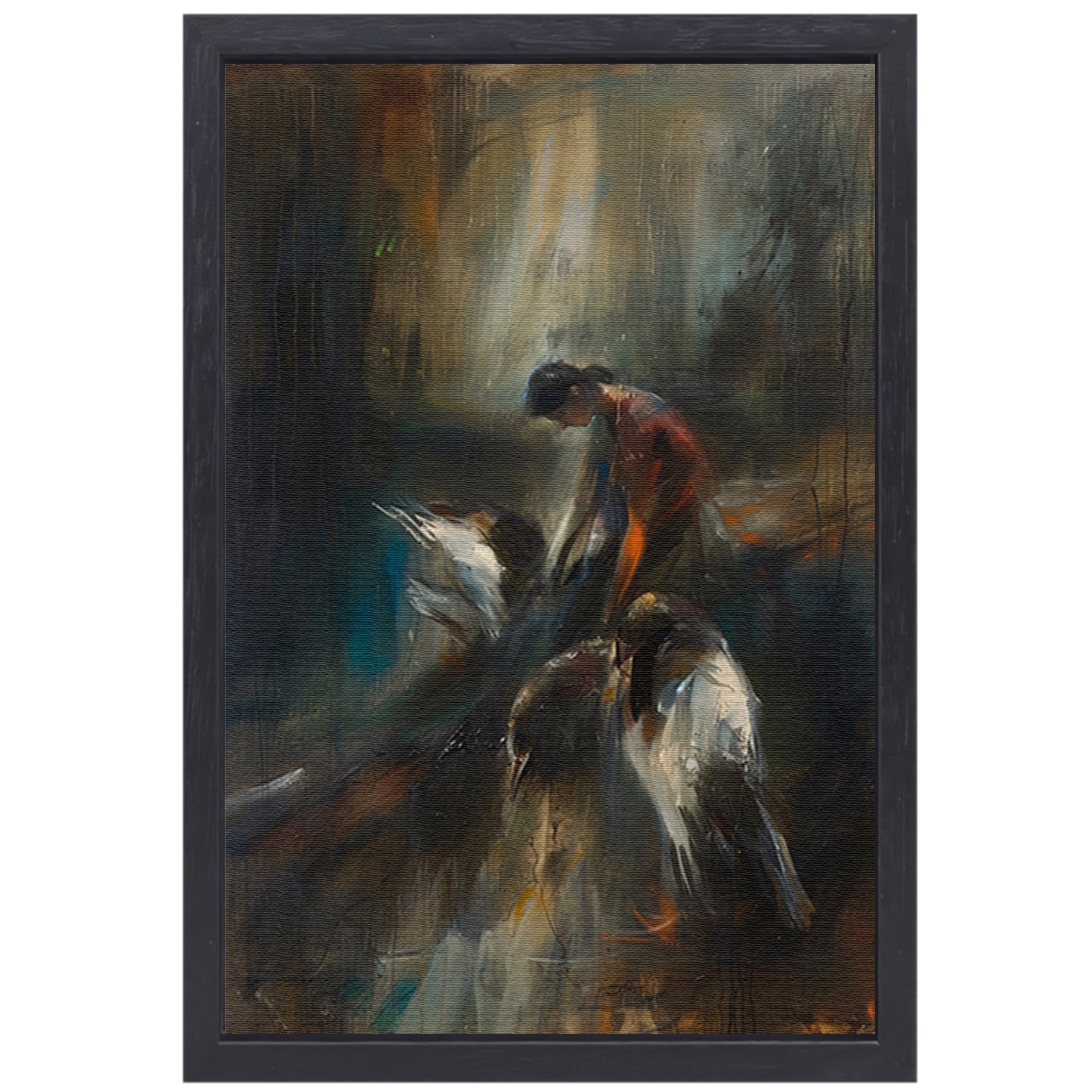 Abstracte voorstelling van vogels en mens canvas met baklijst