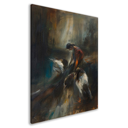 Abstracte voorstelling van vogels en mens canvas