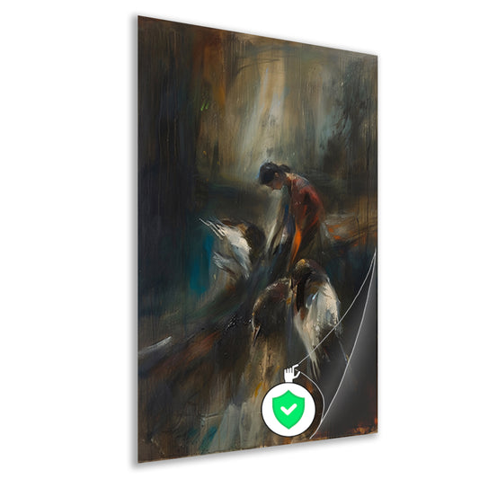 Abstracte voorstelling van vogels en mens poster