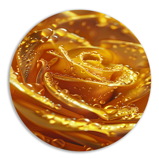 Gouden roos met glinsterende waterdruppels close-up aluminium muurcirkel