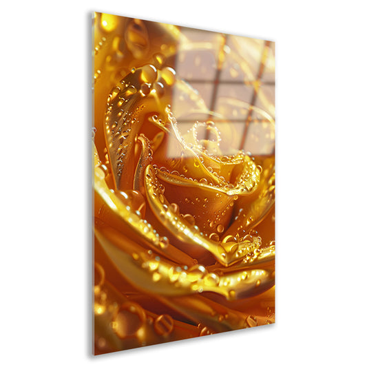 Gouden roos met glinsterende waterdruppels close-up acrylglas
