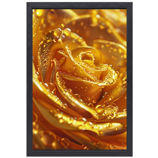 Gouden roos met glinsterende waterdruppels close-up canvas met baklijst