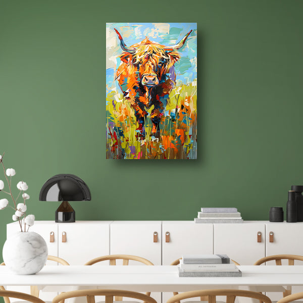 Kleurrijke Schotse hooglander in expressief schilderij canvas met baklijst