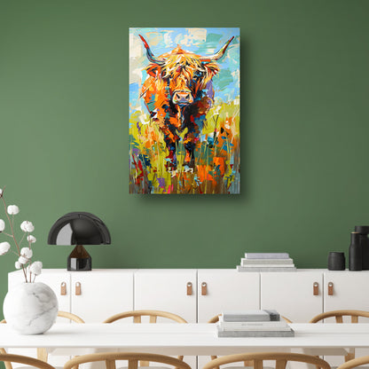 Kleurrijke Schotse hooglander in expressief schilderij canvas met baklijst