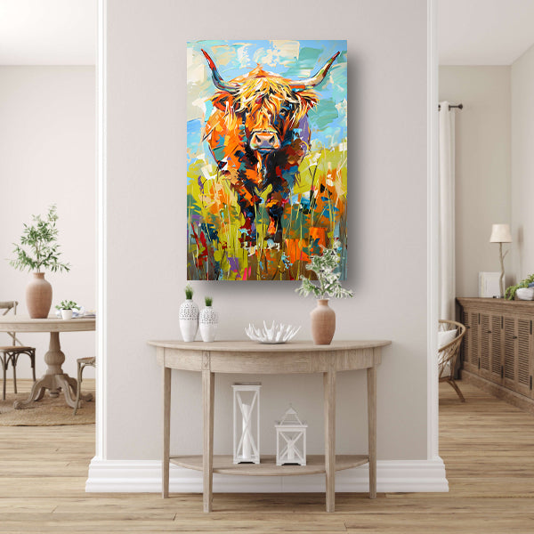 Kleurrijke Schotse hooglander in expressief schilderij canvas met baklijst