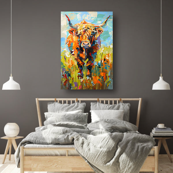 Kleurrijke Schotse hooglander in expressief schilderij canvas met baklijst