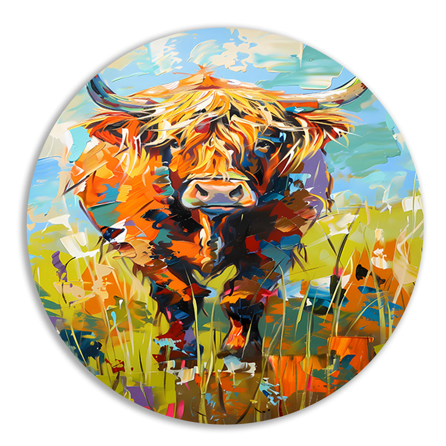 Kleurrijke Schotse hooglander in expressief schilderij forex muurcirkel