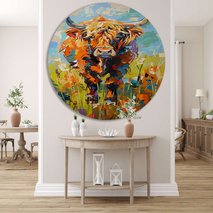 Kleurrijke Schotse hooglander in expressief schilderij forex muurcirkel