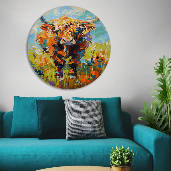 Kleurrijke Schotse hooglander in expressief schilderij forex muurcirkel