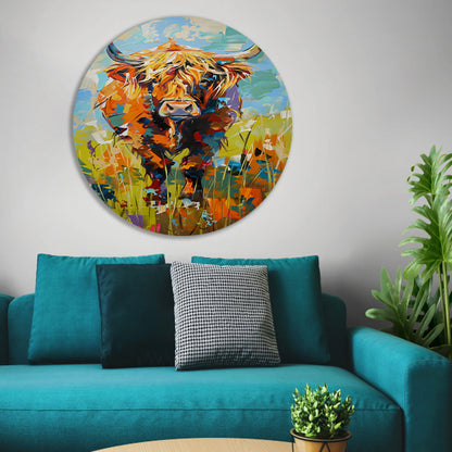Kleurrijke Schotse hooglander in expressief schilderij forex muurcirkel