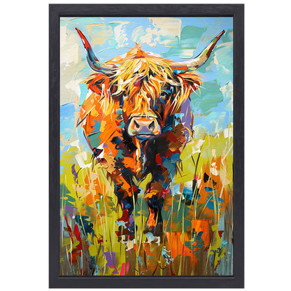 Kleurrijke Schotse hooglander in expressief schilderij canvas met baklijst