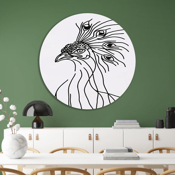 Abstracte Pauw Lijntekening in Zwart en Wit forex muurcirkel