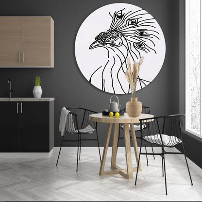 Abstracte Pauw Lijntekening in Zwart en Wit forex muurcirkel