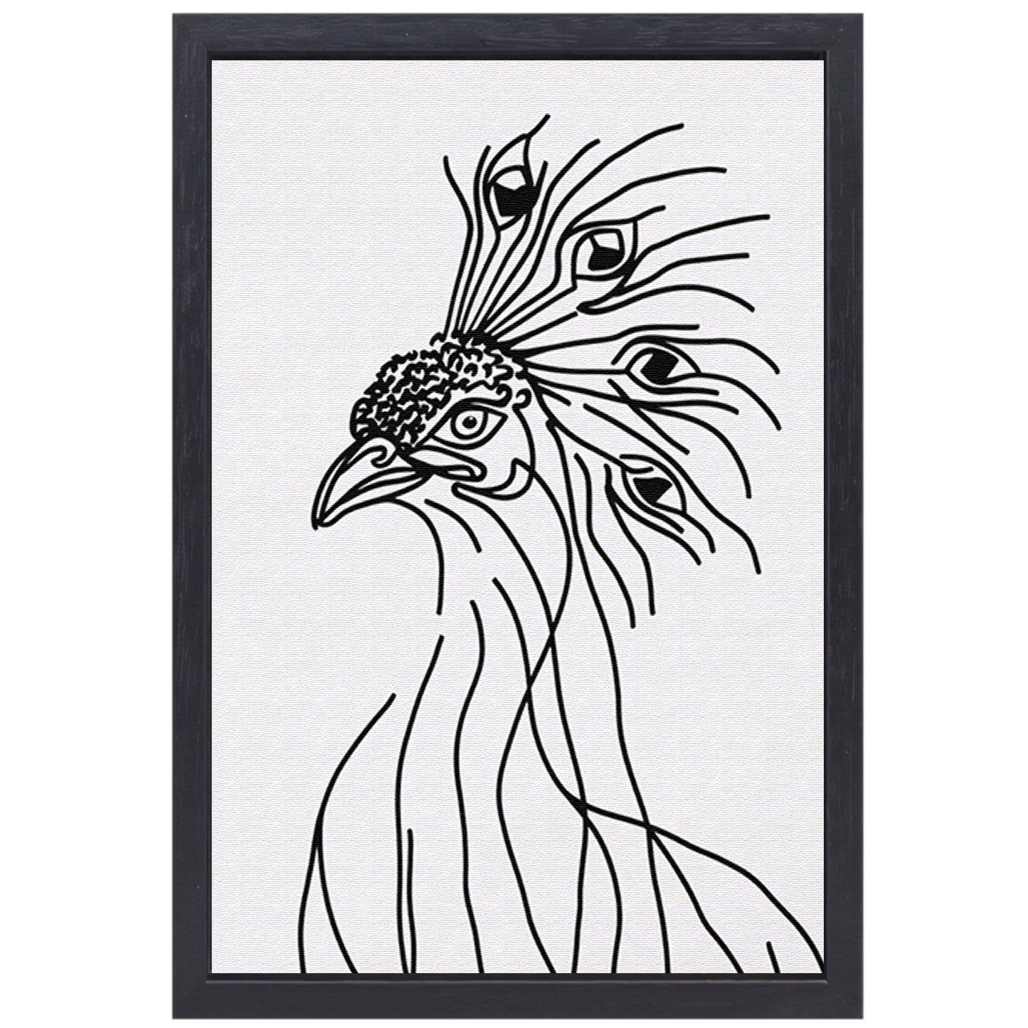Abstracte Pauw Lijntekening in Zwart en Wit canvas met baklijst