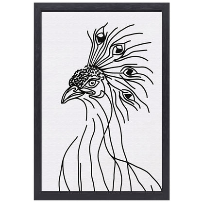 Abstracte Pauw Lijntekening in Zwart en Wit canvas met baklijst