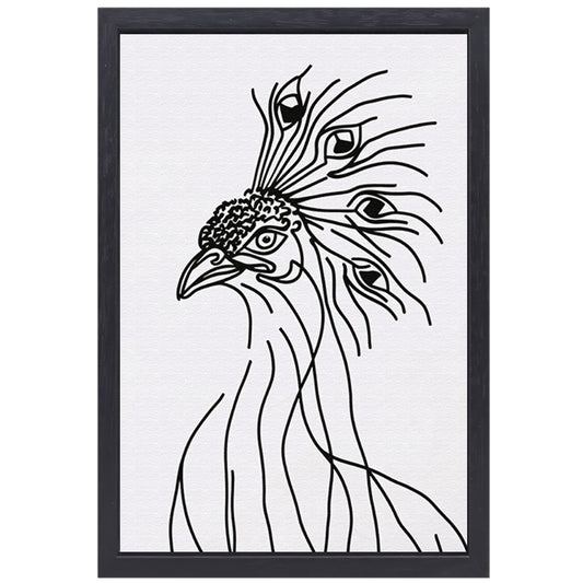 Abstracte Pauw Lijntekening in Zwart en Wit canvas met baklijst
