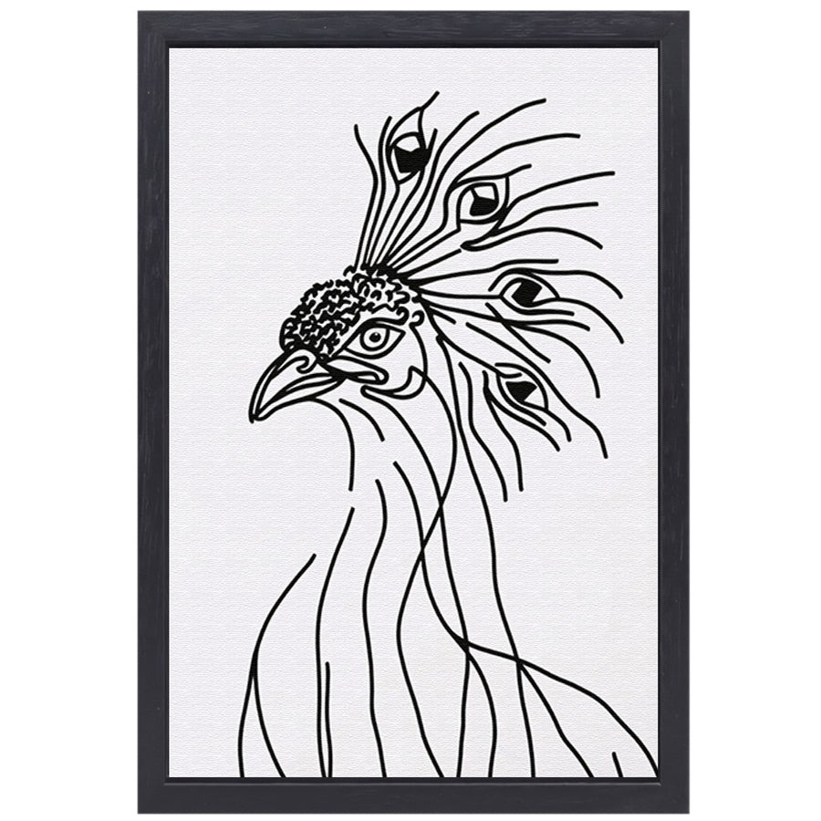 Abstracte Pauw Lijntekening in Zwart en Wit canvas met baklijst
