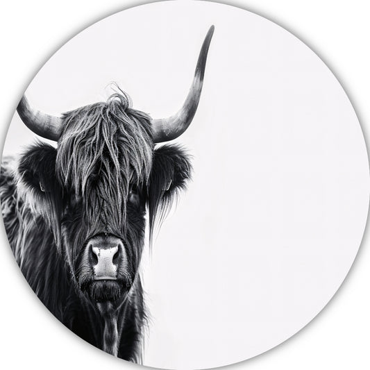 Portret van een Schotse hooglander in zwart-wit aluminium muurcirkel